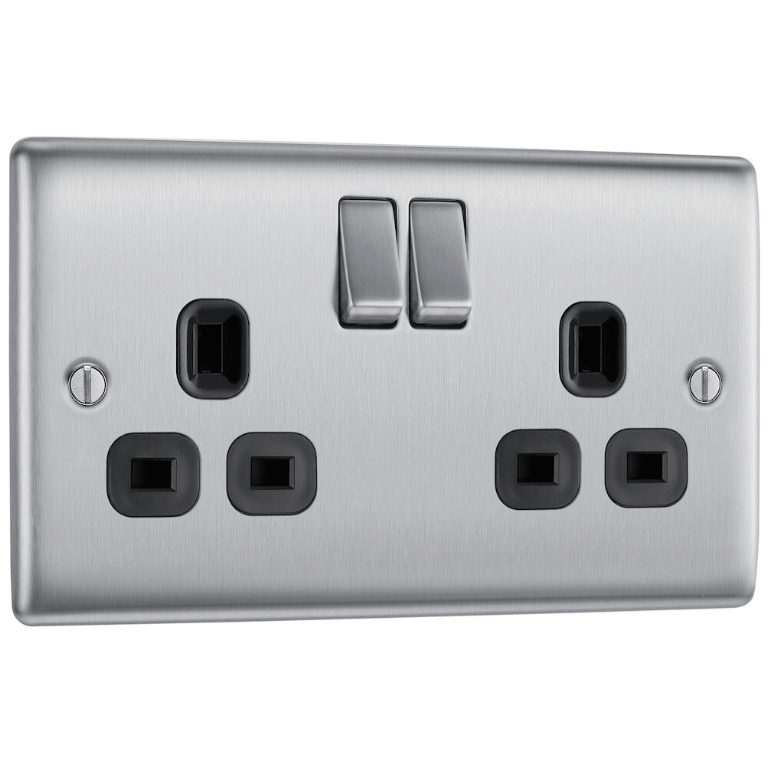 BG NBS22B 1G DP SWITCHED SOCKET OUTLET | BRUSHED CHROME | BLACK INSERTS