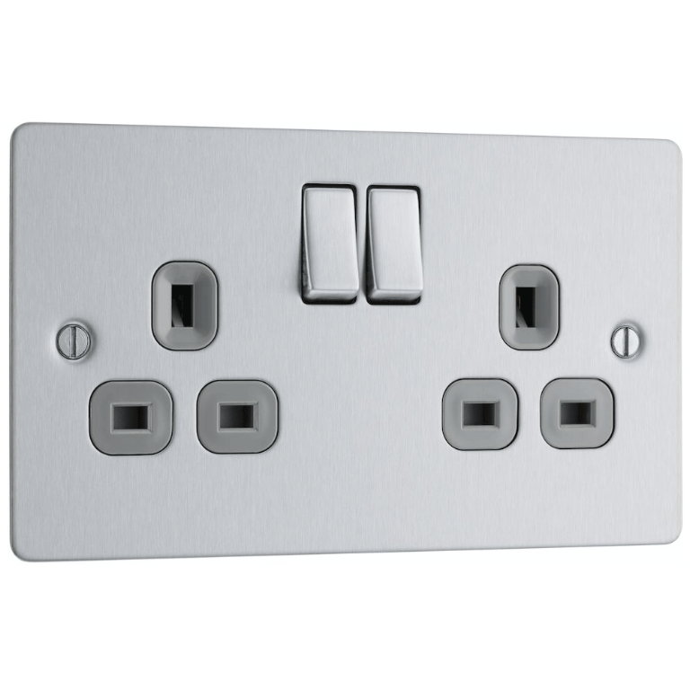 Flat Plate Switched Socket 13A 2 Gang Brushed Steel