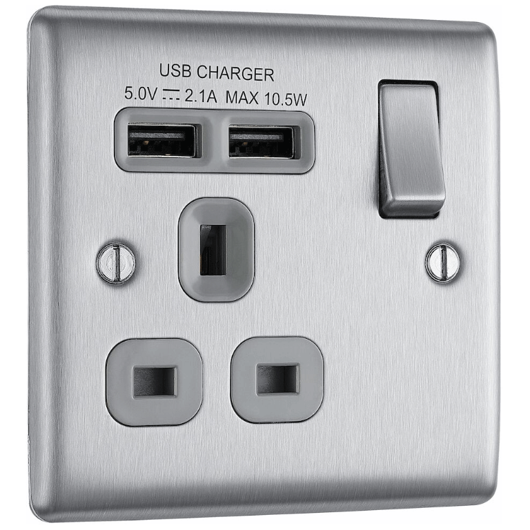BG NBS21U2G 1G DP SWITCHED SOCKET OUTLET WITH USBs | BRUSHED CHROME | GREY INSERTS