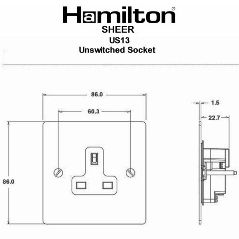 Hamilton Sheer Satin Stainless 1 Gang 13A Unswitched Socket with Black Plastic Inserts and Black Surrounds