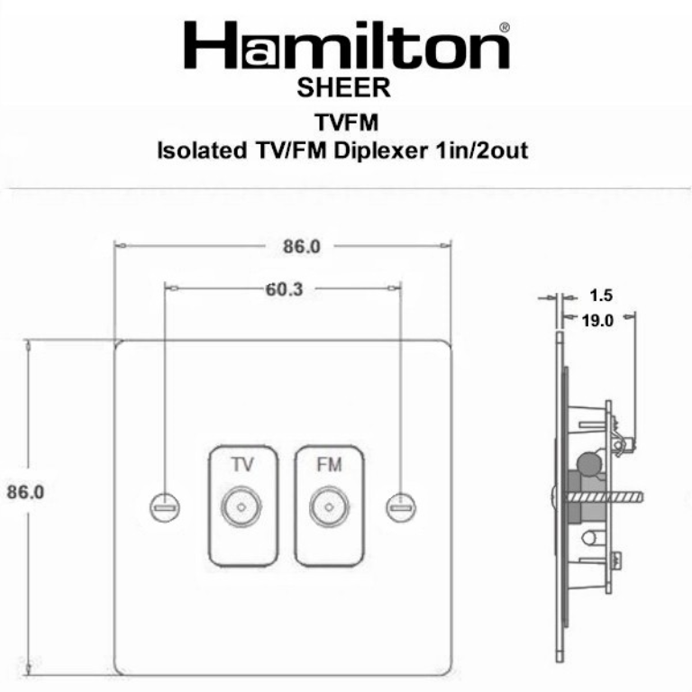 Hamilton Sheer Satin Stainless Isolated TV/FM Diplexer 1 In/2 Out with White Inserts