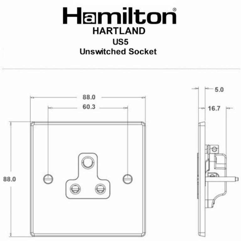 Hamilton Hartland Satin Stainless 1 Gang 5A Unswitched Socket with White Plastic Inserts and White Surrounds