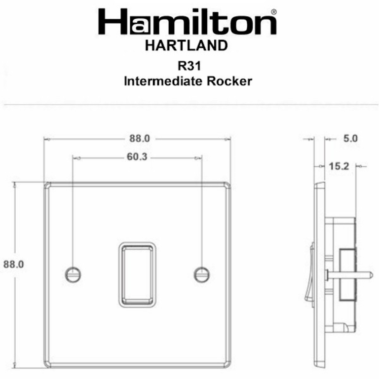Hamilton Hartland Satin Stainless 1 Gang 10AX Intermediate Rocker Switch with Satin Stainless Inserts + White Surround