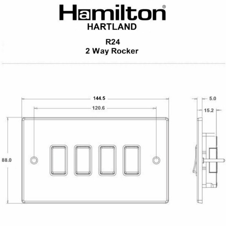 Hamilton Hartland Satin Stainless 4 Gang 10AX 2W Rocker Switch with Satin Stainless Inserts + White Surround