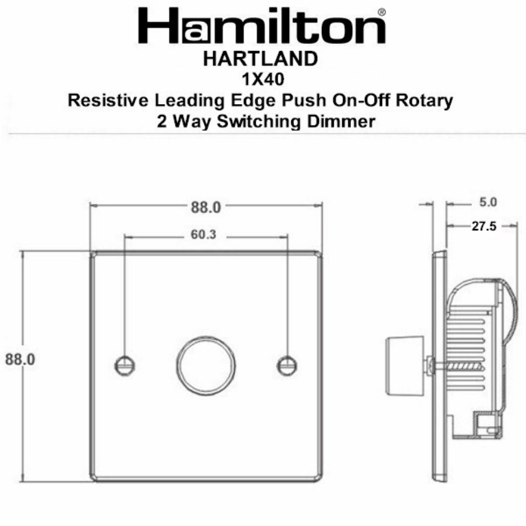 Hamilton Hartland Satin Stainless 1 Gang 400W 2 Way Leading Edge Push On/Off Resitive Dimmer