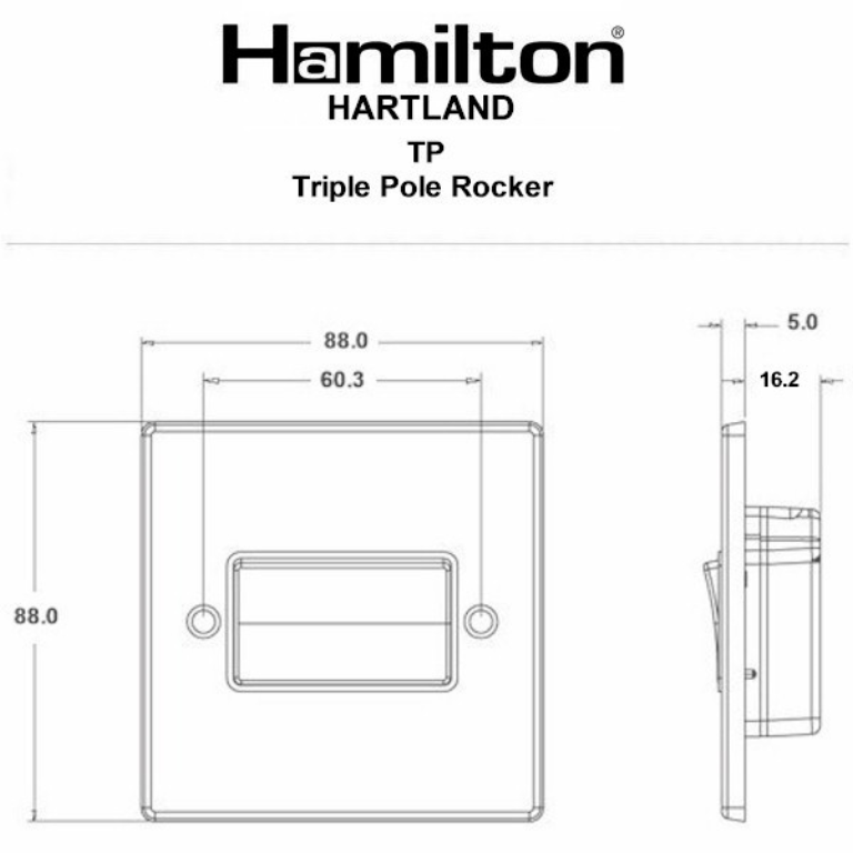 Hamilton Hartland Satin Stainless 1 Gang 10A Triple Pole Rocker Switch with White Plastic Inserts + White Surround