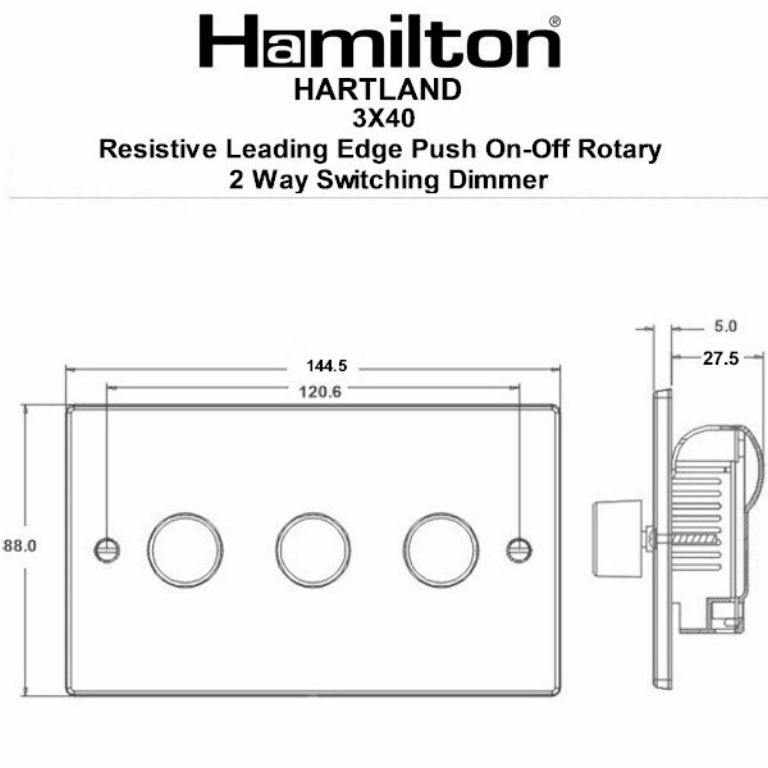 Hamilton Hartland Satin Stainless 3 Gang 400W 2 Way Leading Edge Push On/Off Resitive Dimmer