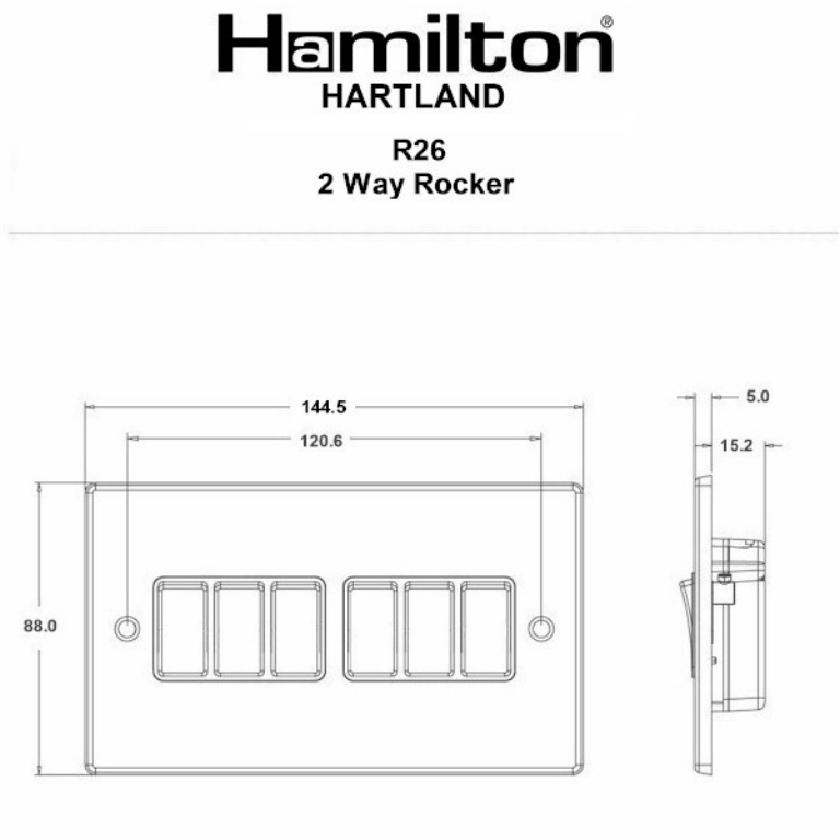 Hamilton Hartland Satin Stainless 6 Gang 10AX 2W Rocker Switch with Satin Stainless Inserts + White Surround