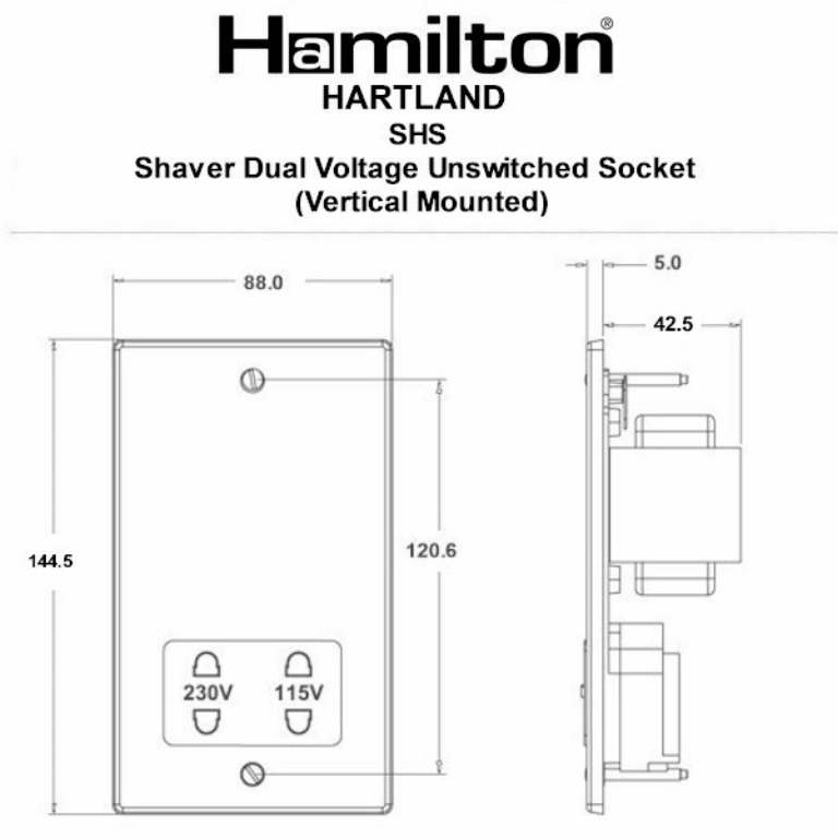 Hamilton Hartland Satin Stainless Shaver Dual Voltage Unswitched Socket with Black Plastic Inserts and Black 