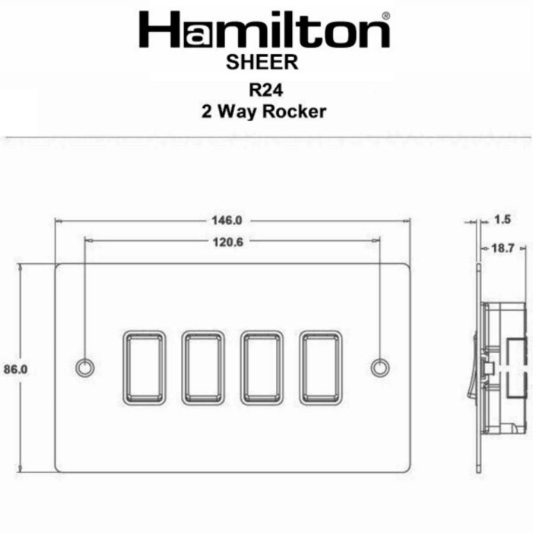 Hamilton Sheer Satin Stainless 4 Gang 10AX 2W Rocker Switch with Satin Stainless Inserts and White Surround