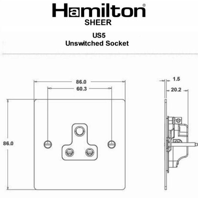 Hamilton Sheer Satin Stainless 1 Gang 5A Unswitched Socket with White Plastic Inserts + White Surround