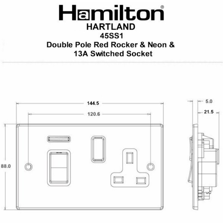 Hamilton Hartland Satin Stainless 45A Double Pole Red Rocker + Neon + 13A Switched Socket with Satin Stainless Inserts and White Surrounds