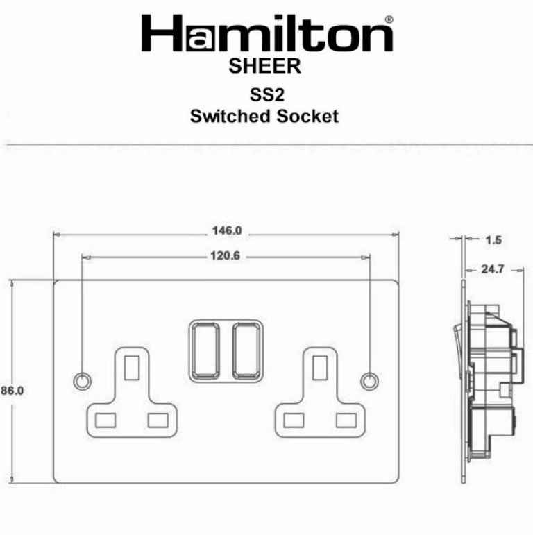 Hamilton Sheer Satin Stainless 2 Gang 13A Double Pole Switched Socket with Satin Stainless Inserts + White Surround