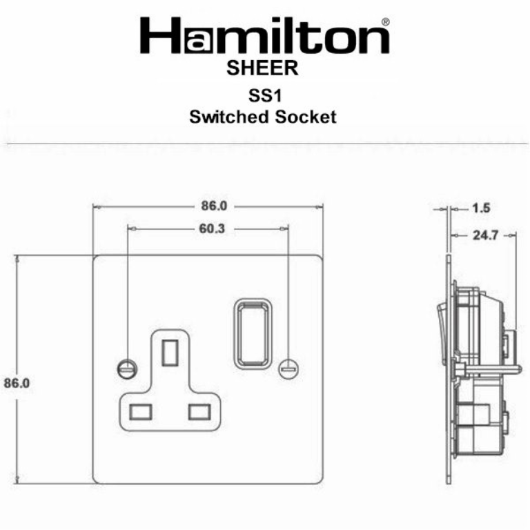 Hamilton Sheer Satin Stainless 1 Gang 13A Double Pole Switched Socket with Satin Stainless Inserts + White Surround