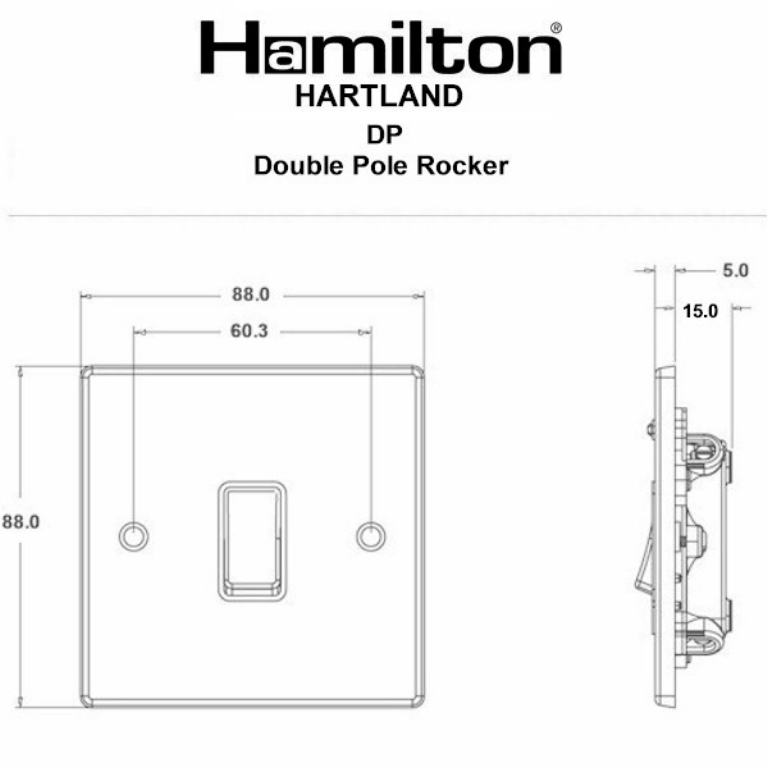 Hamilton Hartland Satin Stainless 1 Gang 20AX Double Pole Rocker Switch with White Plastic Inserts and White 