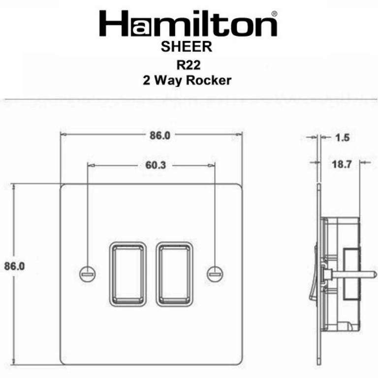Hamilton Sheer Satin Stainless 2 Gang 10AX 2W Rocker Switch with Satin Stainless Inserts + White Surround