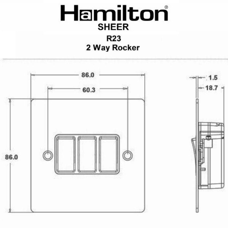 Hamilton Sheer Satin Stainless 3 Gang 10AX 2W Rocker Switch with Satin Stainless Inserts + White Surround