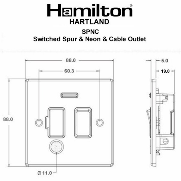 Hamilton Hartland Satin Stainless 1 Gang 13A Double Pole Fused Spur + Neon + Cable Outlet with Satin Stainless Insert + White Surround