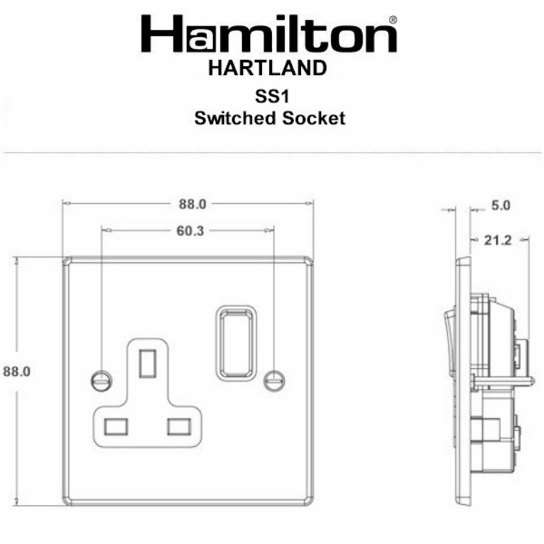 Hamilton Hartland Satin Stainless 1 Gang 13A Double Pole Switched Socket with Satin Stainless Inserts + White Surround