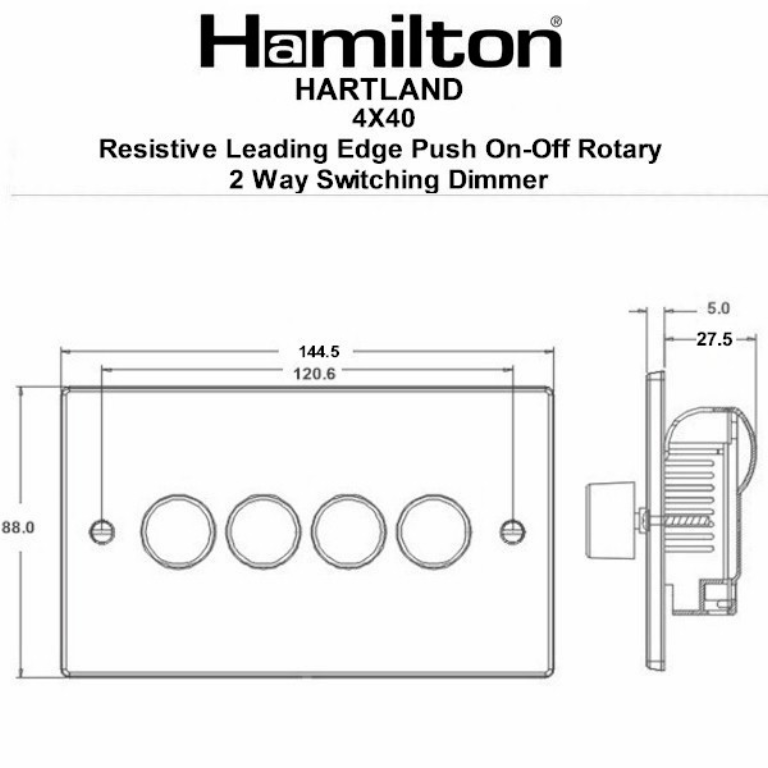Hamilton Hartland Satin Stainless 4 Gang 400W 2 Way Leading Edge Push On/Off Resitive Dimmer