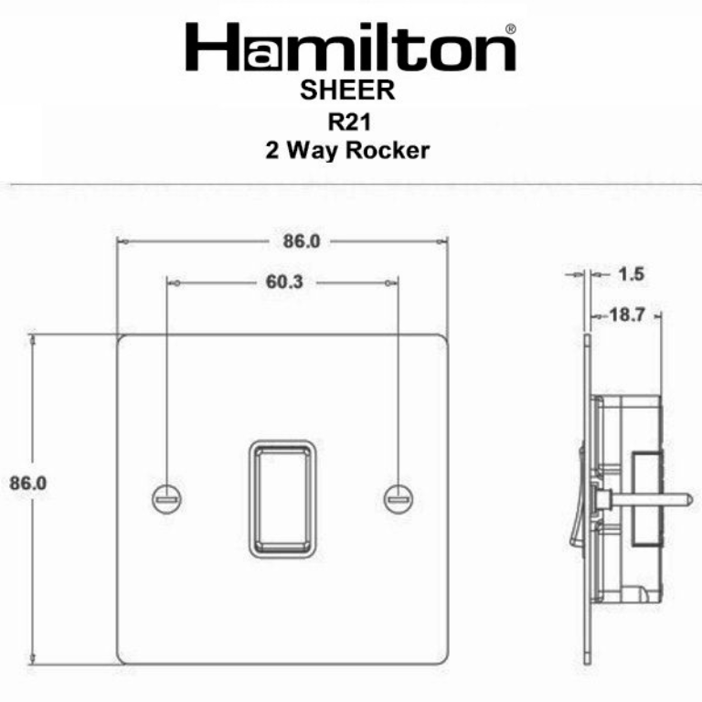 Hamilton Sheer Satin Stainless 1 Gang 10AX 2W Rocker Switch with Satin Stainless Inserts + White Surround