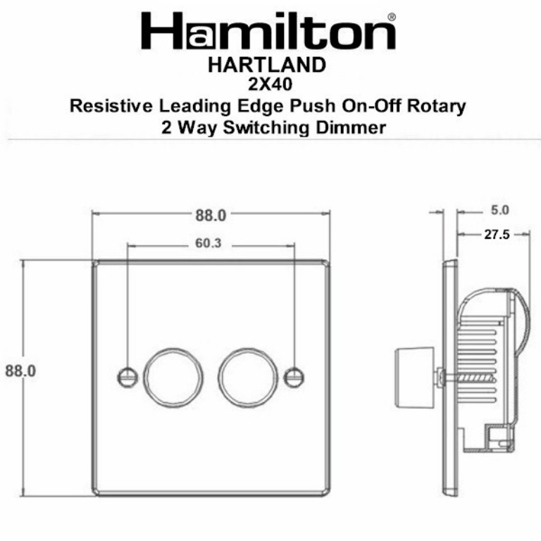 Hamilton Hartland Satin Stainless 2 Gang 400W 2 Way Leading Edge Push On/Off Resitive Dimmer