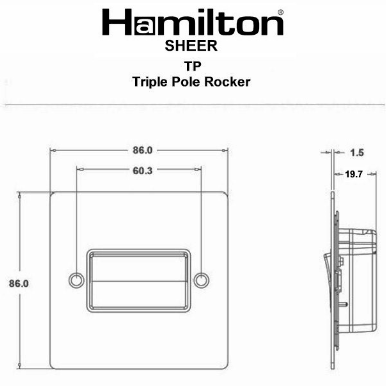 Hamilton Sheer Satin Stainless 1 Gang 10A Triple Pole Rocker Switch with White Inserts + White Surround