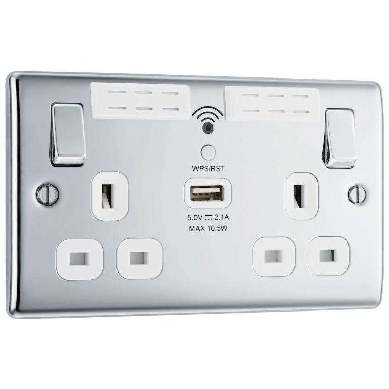BG NPC22UWRW 2G SWITCHED SOCKET OUTLET WITH WIFI EXTENDER AND USB | POLISHED CHROME | WHITE INSERTS
