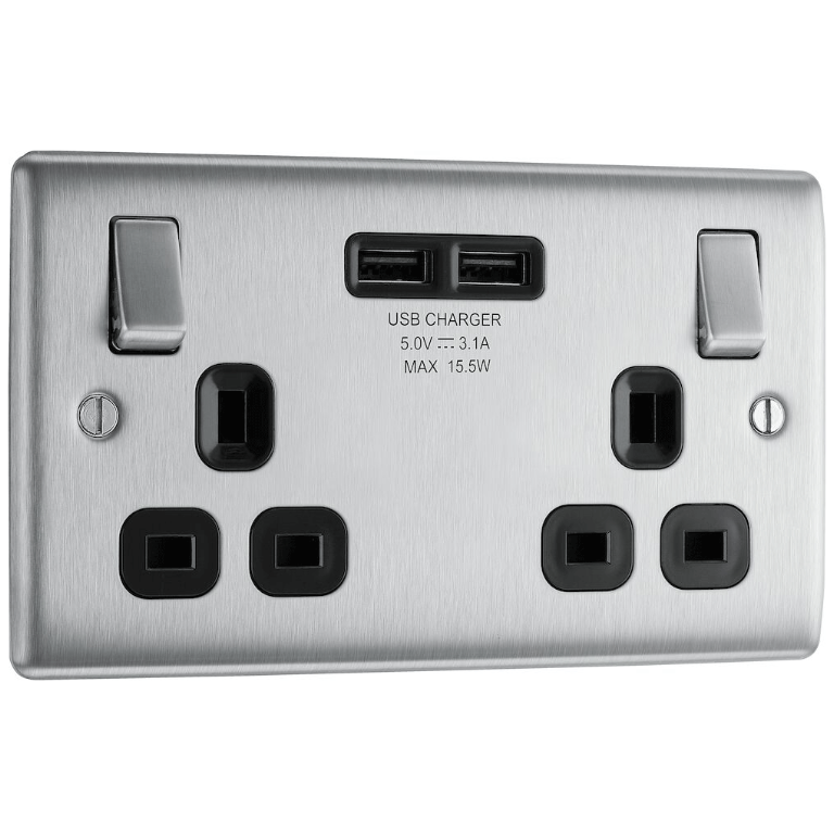 BG NBS22U3B 2G DP SWITCHED SOCKET OUTLET WITH USBs | BRUSHED CHROME | BLACK INSERTS