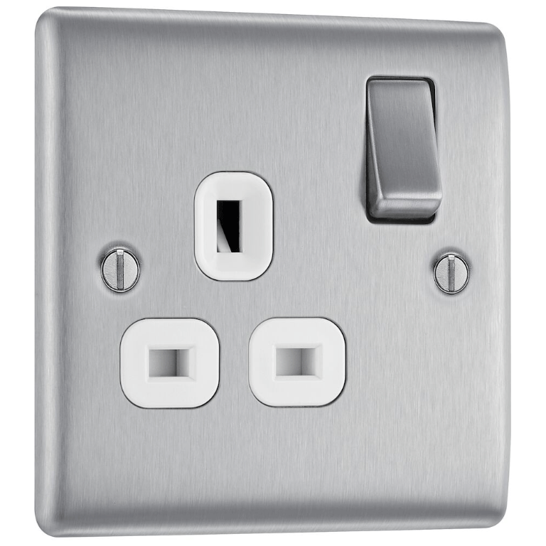 BG NBS21W 1G DP SWITCHED SOCKET OUTLET | BRUSHED CHROME | WHITE INSERTS
