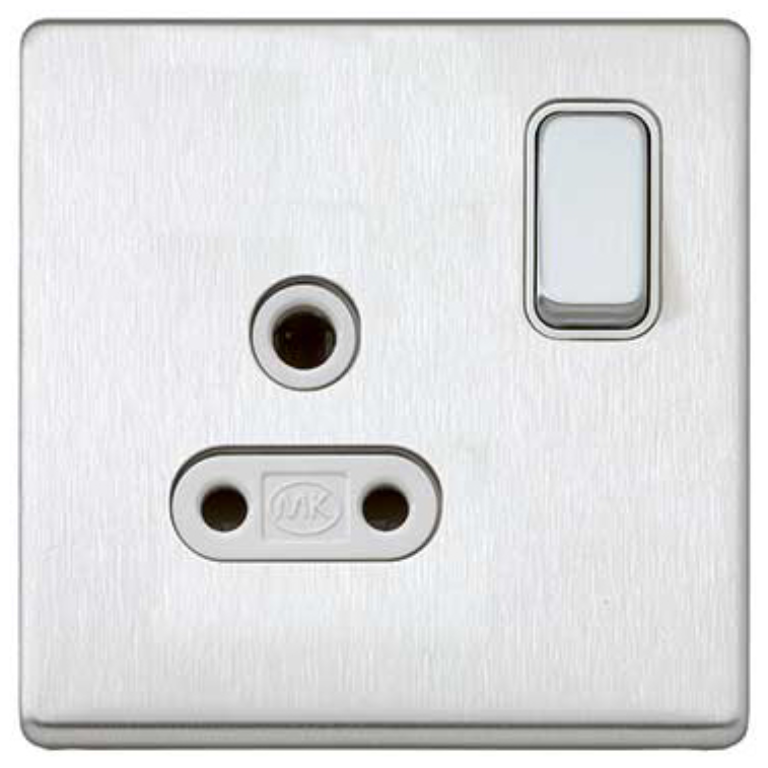 Aspect 1G DP 5A Round Pin Switched Socket Brushed Stainless Steel White Insert