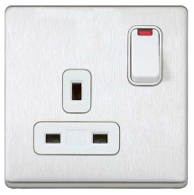 Aspect 13A 1G DP Switch Socket + Neon DE Brushed Stainless Steel White Insert
