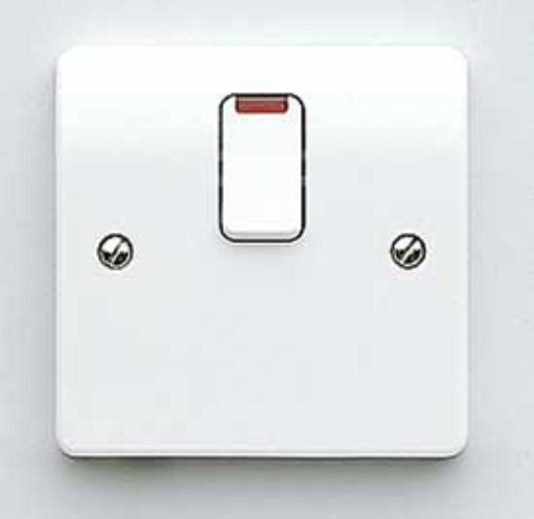 MK Logic Plus K5423WHI White Double Pole Switch 20A with flex outlet in base and Neon (flush) 